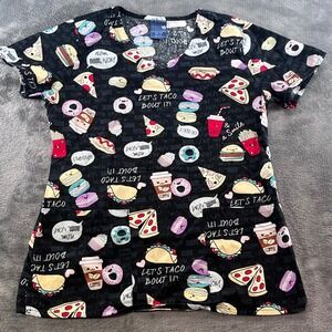 Zoe + Chloe Food Print Scrub Top XS Black Let's Taco Bout It Pizza Coffee Z12202